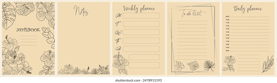 Notebook pages and cover template with line art hibiscus flowers and tropical leaves. Planner, diary, notepad, organizer with exotic floral design. Vector cards, notes paper sheet illustrations.