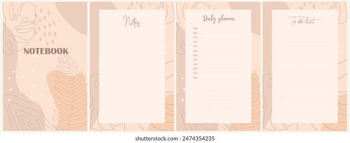 Notebook pages and cover template with neutral abstract background. Planner, diary, notepad, organizer with boho watercolor shapes. Vector card, note, sticker, label, tag paper sheet illustrations.