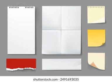 Conjunto de páginas de bloc de notas. Papel blanco doblado, notas adhesivas coloridas. Aristas y esquinas rasgadas. Recordatorios en el pegamento. Diferentes Elementos aislados de papelería de oficina. Vector aislado ilustración realista