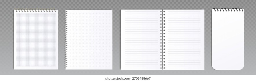Páginas de notebook com encadernação em espiral para escrita e esboço - folhas quadriculadas e pontilhadas, com linhas ou em branco. Bobinas de metal ligam papel para uso em escritório e escola para anotações, planejamento ou tarefas de desenho.