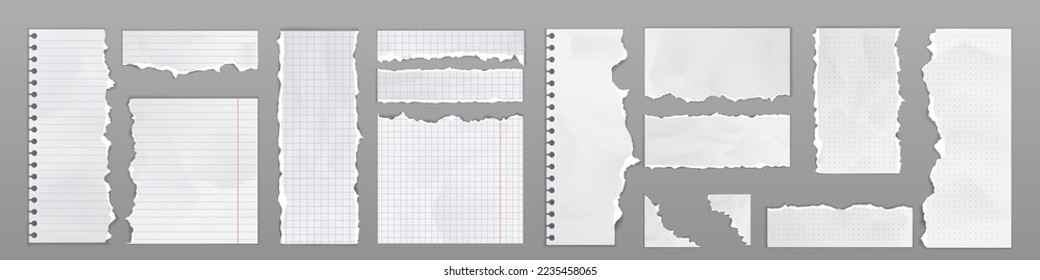 Notebook pages with torn edges. Ripped paper sheets and scraps with square grid and striped patten. Old blank notepad and copybook pages, vector realistic illustration - Shutterstock ID 2235458065