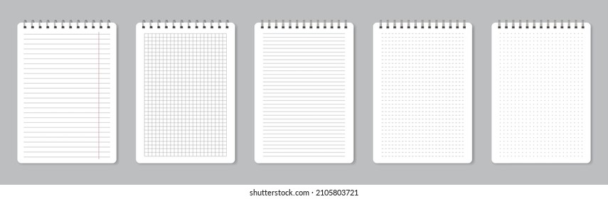 Notebook pages with wire binding, realistic lined paper sheets. Empty school notepad page, memo note sheets with spiral binders vector set. Lined and squared pages for planner or organizer