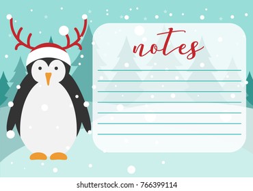 Notebook page.Sticker page.Winter design. Christmas penguin in Christmas hat with horns. Background for notes. Printable page. Penguin vector illustration. 
