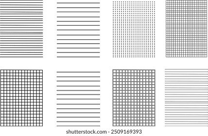 Notebook paper background. Blank pages set of a notebook, Checkered backdrop of map Geometric banner Technical blank graphic design element. editable stroke icons, isolated on transparent backgrounds.