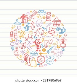 A notebook paper background featuring a circular cosmetics, jewelry, high heels, and skincare doodle pattern for beauty shop and fashion prints with arrow lines.