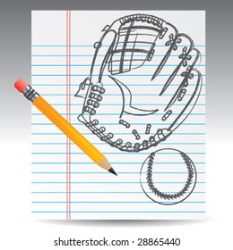 notebook paper and baseball glove