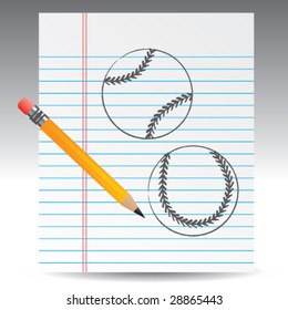 notebook paper and baseballs