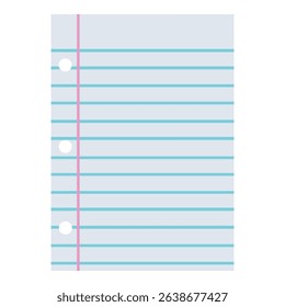 Notebook paper clip art. Sheet of school ring binder paper with three hole punches and margin. Cartoon school essentials icon on isolated white background. Vector illustration in EPS 10 format.