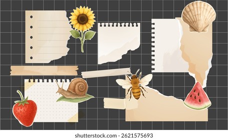 Notebook paper collage with fruits, snail, bee and summer elements