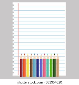 Notebook paper and color pencils. Vector illustration
