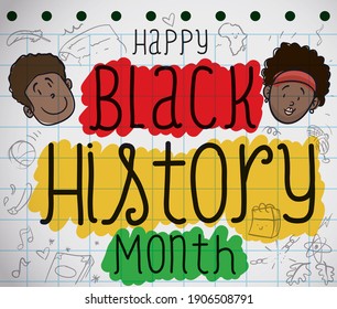 Notebook paper with cute couple faces and doodles, depicting some of culture, arts and science of the African legacy and heritage of black people during Black History Month.