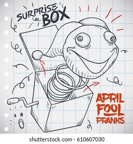 Notebook paper with doodle design with funny prank for April Fools' Day: Jack-in-the-box prank.