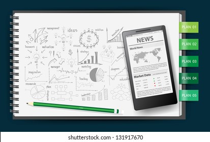 Notebook paper, With drawing business strategy plan concept idea, Mobile phone news  template on screen, Vector illustration