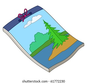 Notebook paper for drawing with a landscape drawn on the first page