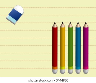 Notebook paper with five pencils and a rubber