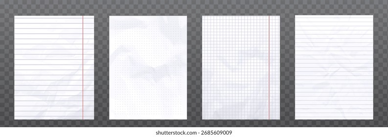 Notebook paper grid templates with clean white backgrounds - lined sheets, dotted patterns, graph squares and blank pages. School stationery textures for educational or office documentation designs.