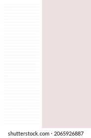 Notebook Paper, half of the sheet is pink solid color, the other half is lined. A4 sheet proportion. Pages Perfect for planner, notebook, school, print. 