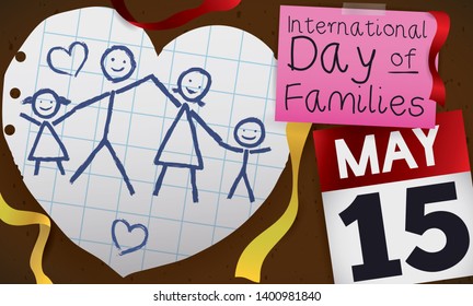 Notebook paper in heart shape with cute doodle drawing of a happy family, posted in a message board with calendar and paper with greeting to celebrate International Day of Families in May 15.
