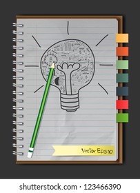 Notebook paper with Light bulb drawing business strategy plan concept idea, Vector illustration