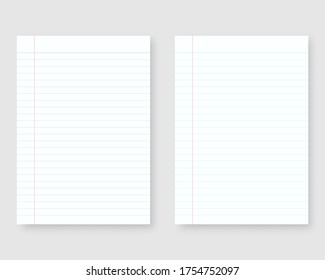 Notebook paper with line and margin. Sheet of line paper template. Mockup isolated. Template design. Realistic vector illustration.