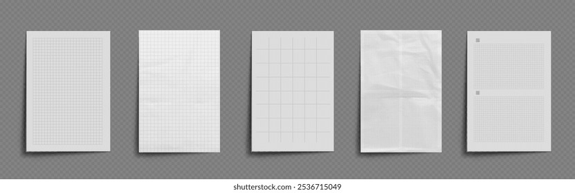 Notebook paper mockup with checkered pattern. Realistic 3d set of white empty caged sheet with wrinkles. Blank template of school stationery folded and crumpled leaflet border torn from notepad.