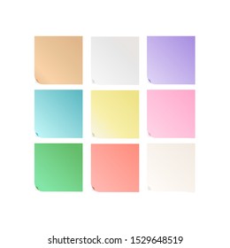 Notebook paper multi-colored square. Post note sticker set. Paper office, school sticky tape with shadow. Flat vector illustration isolated on white background.