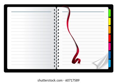 notebook paper with page curl and ribbon bookmark