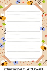 Notebook paper page design. Sheet background with lines for cute funny kids notepad with bee and butterfly frame. Organizer, planner, diary in modern childish style. Flat vector illustration