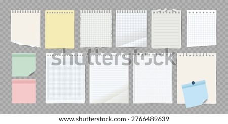 Notebook Paper Page Set. Sticky Notes and torn pages. Vector Design.