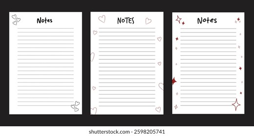 Notebook paper page sheet set with heart and shine decorative element