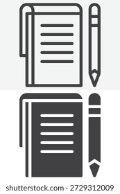 Notizbuch mit Stift-Journalismus-Symbol in Linie, Umriss und solidem Stil gesetzt. Bearbeitbares Strich-Vektorzeichen und -Symbol für das Symbol für Reporternachrichten, das Symbol für Schreiben und Medien.