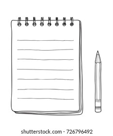 notebook paper and pencil hand drawn vector line art illustration