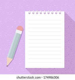 Notebook paper with pencil on texture background.