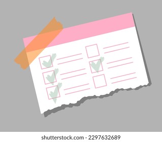 Notebook paper piece concept. Blocks of text with checkmarks, poll and test. Choosing right options. Education and training. Torn diary sheet. Cartoon flat vector illustration