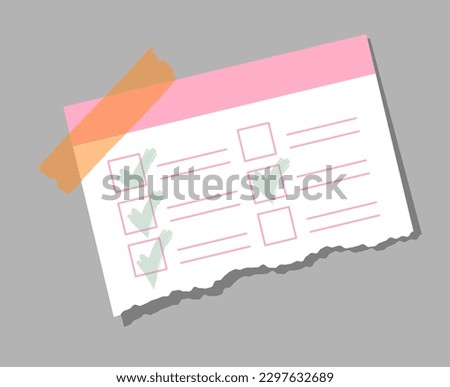 Notebook paper piece concept. Blocks of text with checkmarks, poll and test. Choosing right options. Education and training. Torn diary sheet. Cartoon flat vector illustration