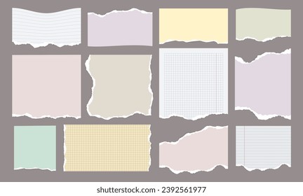 Notebook paper pieces. Torn blank sheet with lines, blank scrap paper elements for scrapbook and card design. Vector isolated set of paper sheet ripped empty illustration