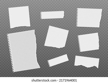 Notebook paper pieces with torn edges, white lined and squared sheets, vector illustration isolated on gray background. Set of notepapers for making notes and memos.