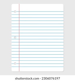 Notebook paper punch holes with blue line , red striped line and shadow on gray background. Vector illustration template for education.