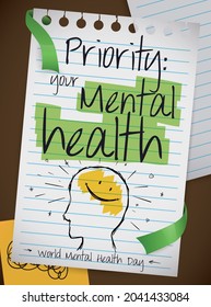 Notebook paper with ribbons and cute doodle of brain smiling inside a side view head, reminding at you to prioritize health mental habits during its World Day.