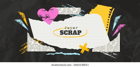 Notebook paper scrap background with torn newspaper and abstract grungy shape elements. Wrinkled paper effect. Promotional and advertising background.