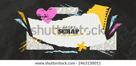 Notebook paper scrap background with torn newspaper and abstract grungy shape elements. Wrinkled paper effect. Promotional and advertising background.