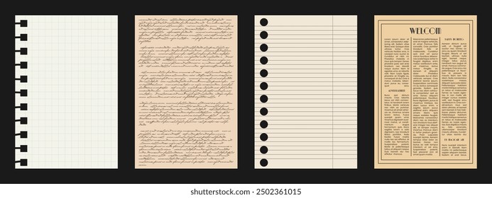 Notebook Paper for scrapbooking in a cage and in a line. Old sheets of Newspaper for composing Collages. Incomprehensible illegible letter as an element for cut design. Blank textbox