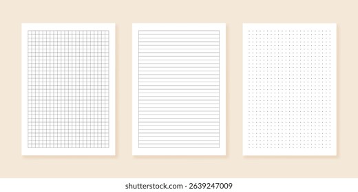 Notebook paper set, blank paper, notebook page template, sguare sheet, lined note, dot notepad page