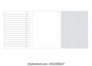 Conjunto de papel notebook. Vetor de folha forrada. Papel em branco e papel de grade. Modelos de papelaria escolar.
