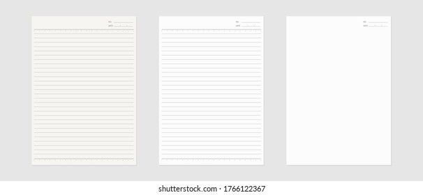 Notebook paper set. Sheet of lined paper template. Mockup isolated. Template design. Realistic vector illustration.