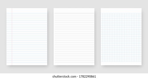 Notebook paper set. Sheet of lined paper template. Mockup isolated. Template design. Realistic vector illustration.