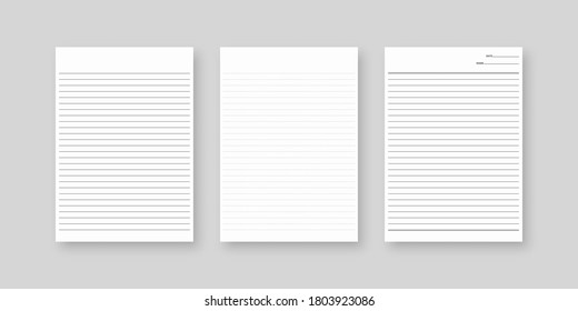 Notebook Paper Set. Sheet Of Lined Paper Template. Mockup Isolated. Template Design. Realistic Vector Illustration.