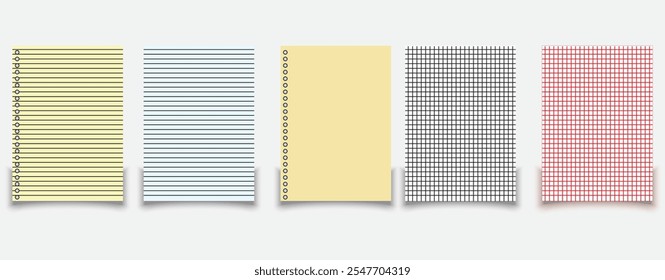 Notebook paper set. Sheet of lined paper template. Mockup isolated. Template design. Realistic vector . 333