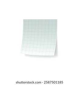 Notebook paper sticker note. Realistic vector checkered page with curled edge and shadow. Adhesive sheet reminder, square blank for messages. Stationery memory organize isolated on white background