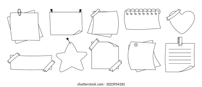 Notebook paper sticky line set. Empty notepads and memo messages, sticker and note with elements of planning, memory diary. Graphic notepad curled corners, push pin. Various tag business office vector